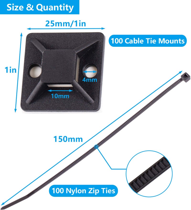 ALIGADO Cable Tie Mounts  Adhesive-Backed  1 Inch  for Cable Management  Cable Tie Anchors  100 Pack  Black - Image 2